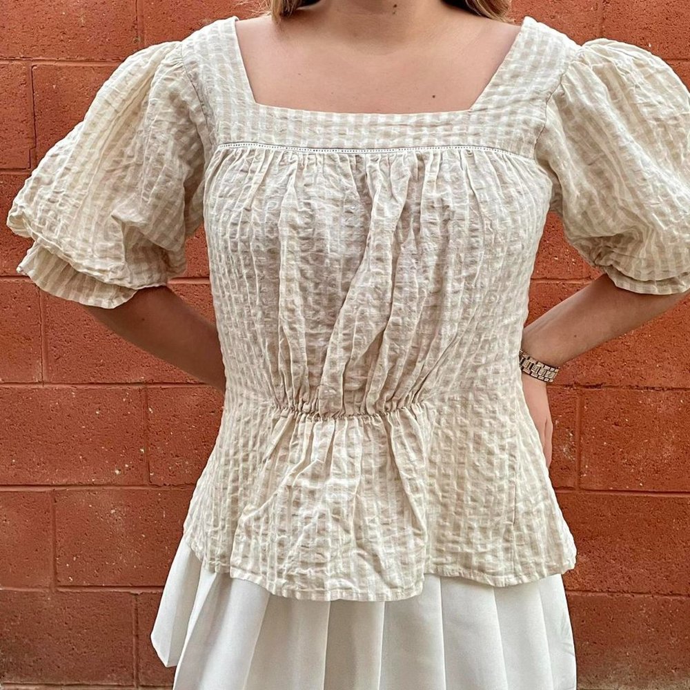Urban Outfitters Beige Gingham Seersucker Top
